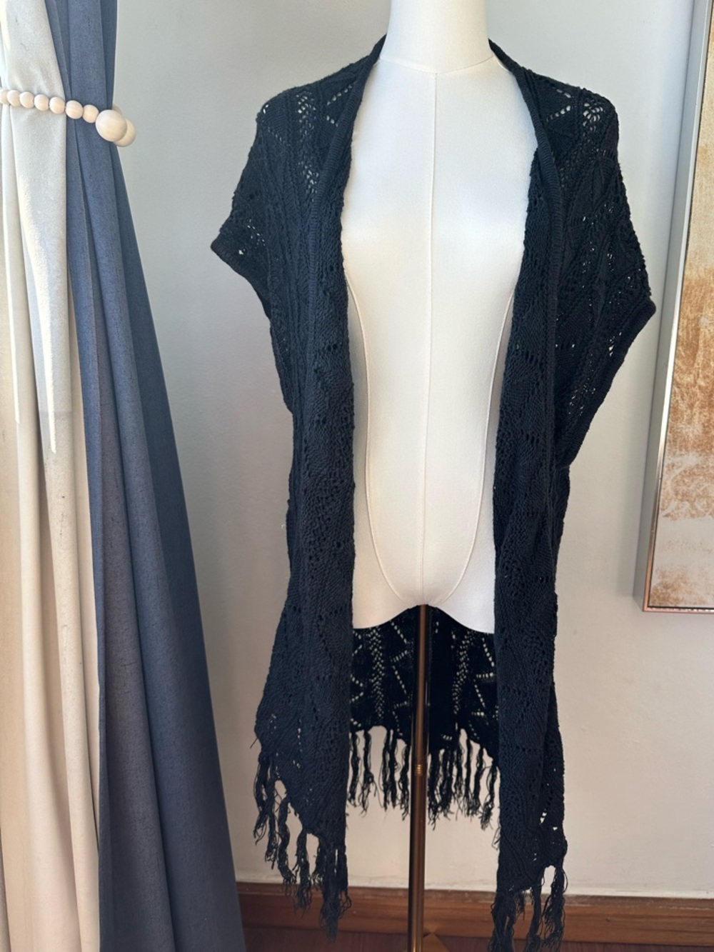 Poof! Black Crochet Fringe Open Cardigan Coastal Grandma Crochet Cozy